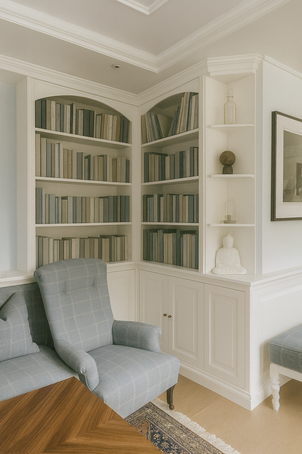 Zeitlos elegantes Wohnzimmer mit Bibliothek